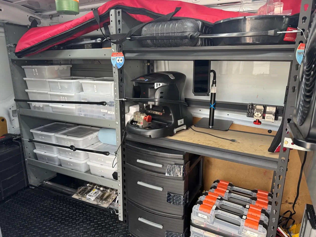 Organized interior of locksmith van